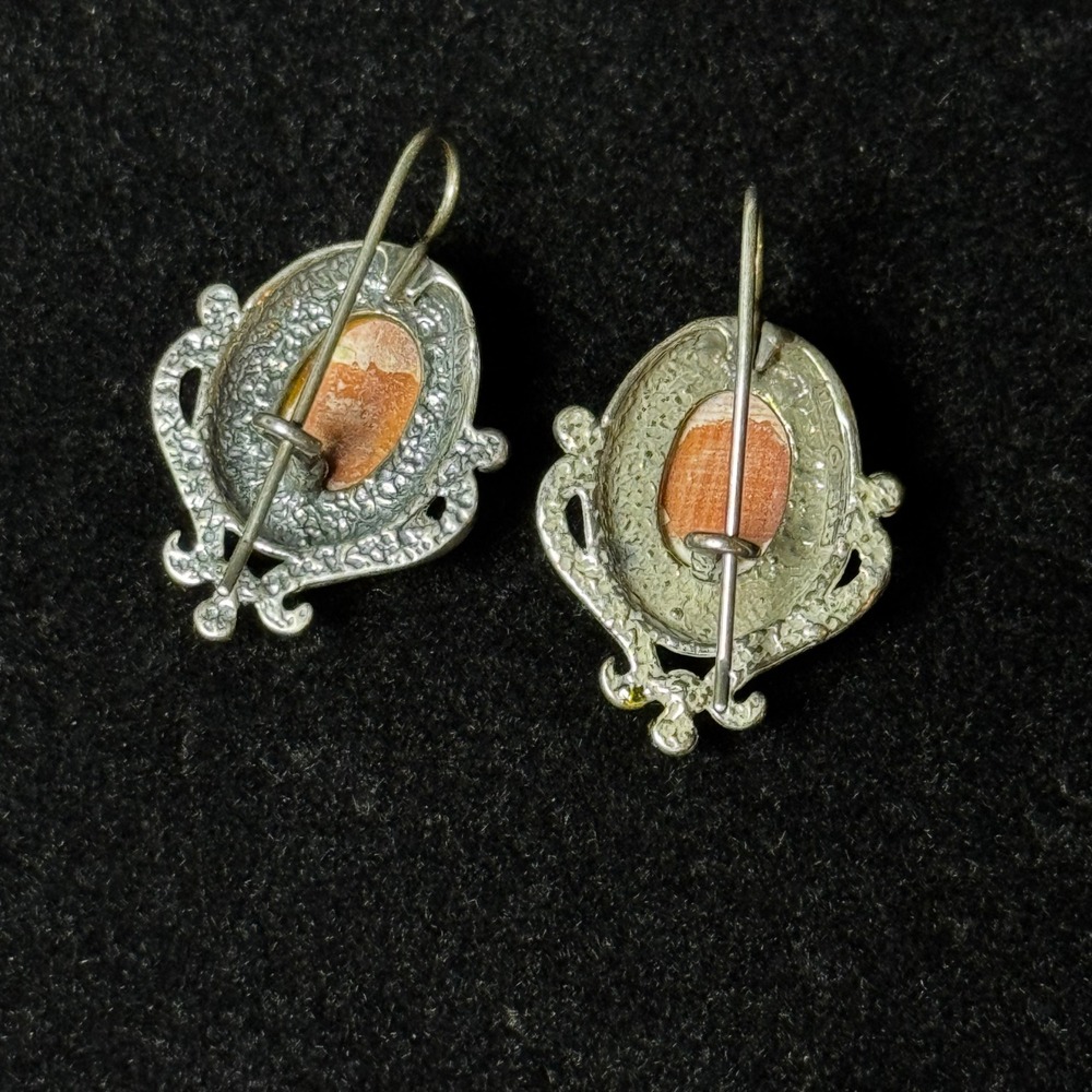 Vintage MC 925 Sterling Silver Orange Banded Agate Drop Artisan Earrings - Picture 5 of 7